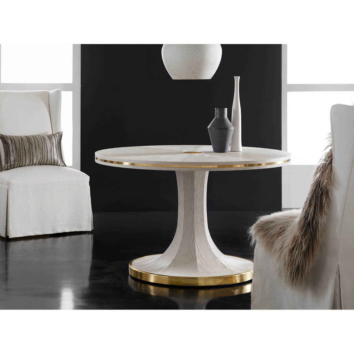 Art Deco table styled in modern living room, frontal view.