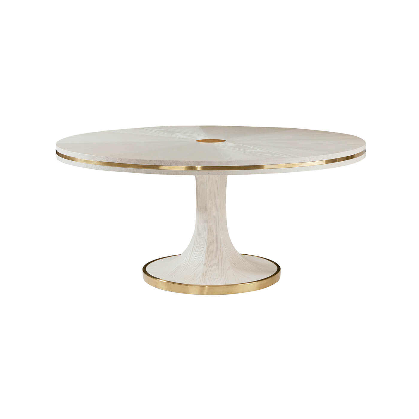 Elegant white dining table with brass accents, side view.