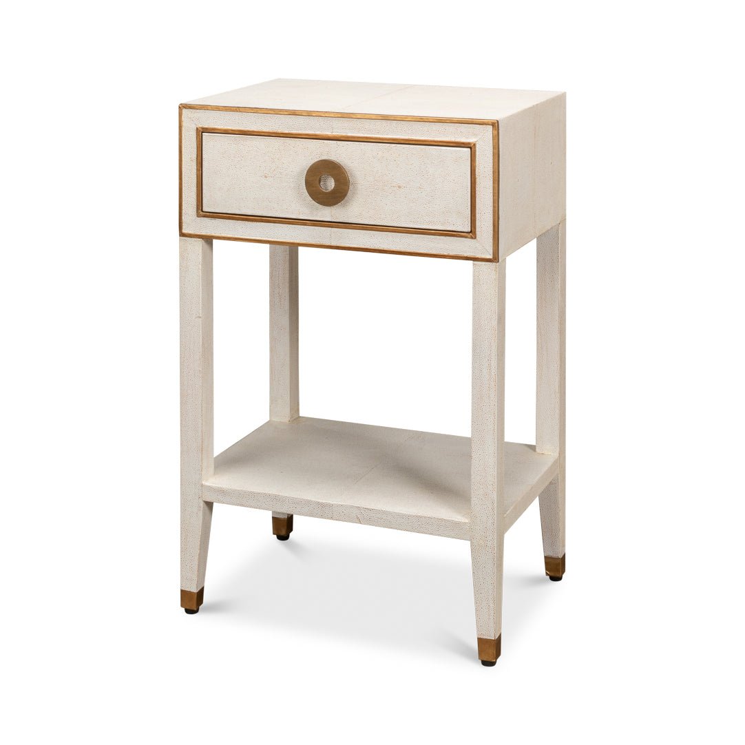 Art Deco white nightstand angled front view.