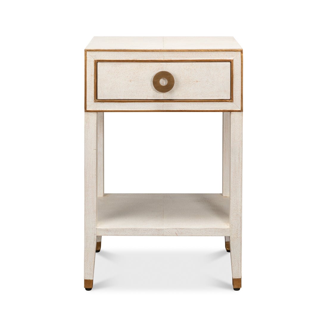 Art Deco white nightstand front view.