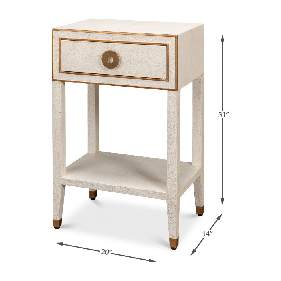 Dimensions illustration of Art Deco white nightstand.