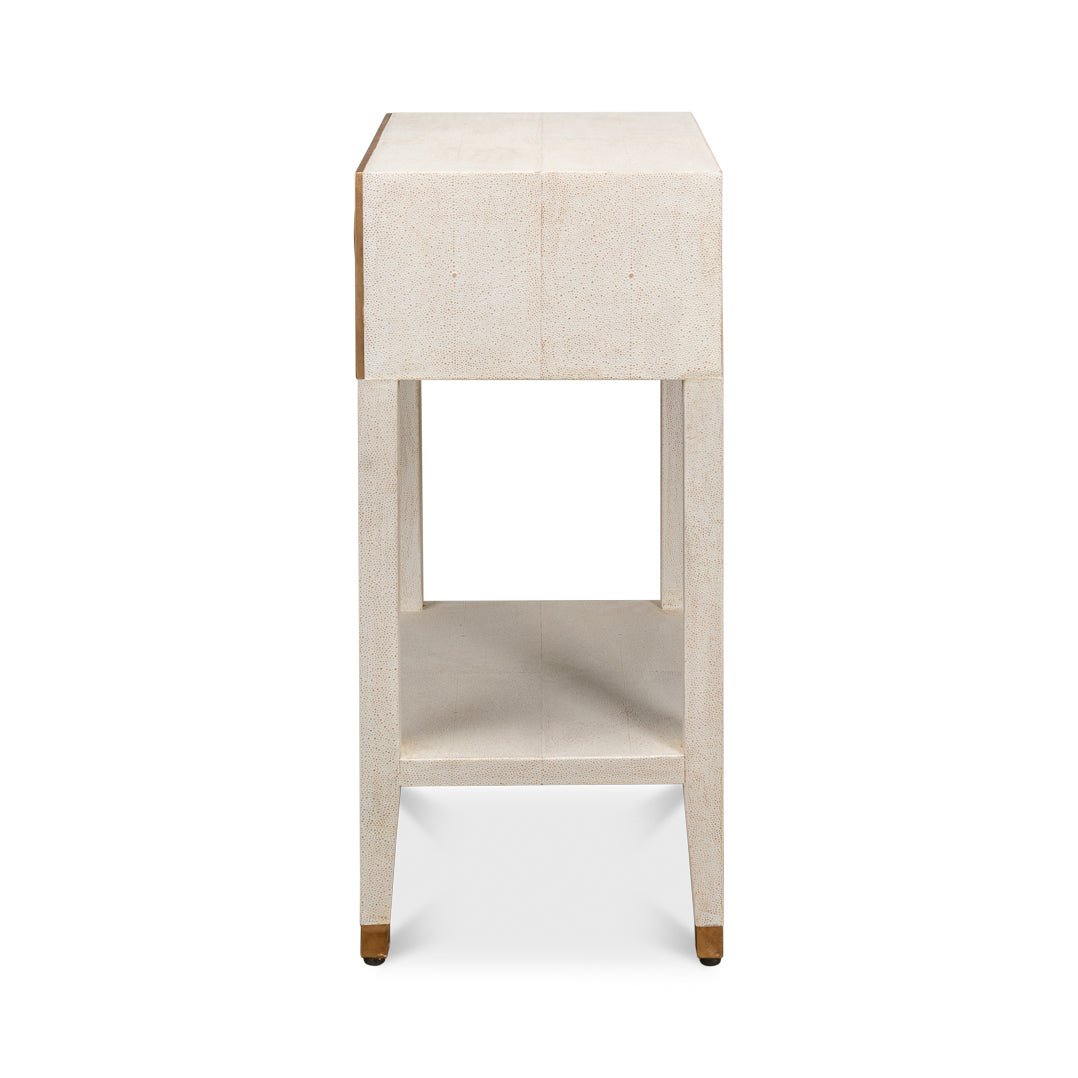 Side view of Art Deco white nightstand.