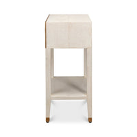 Side view of Art Deco white nightstand.