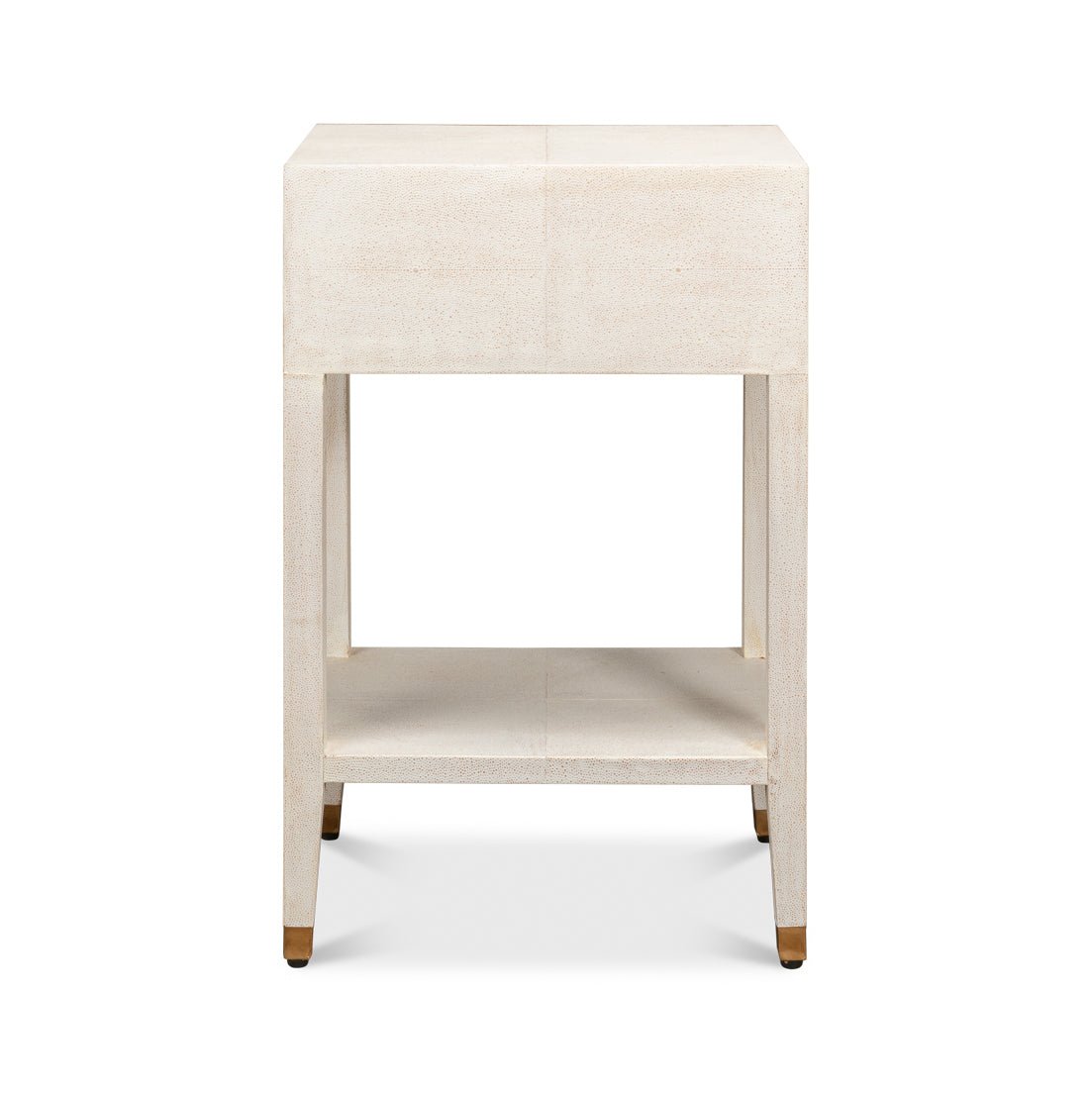Back view of Art Deco white nightstand.