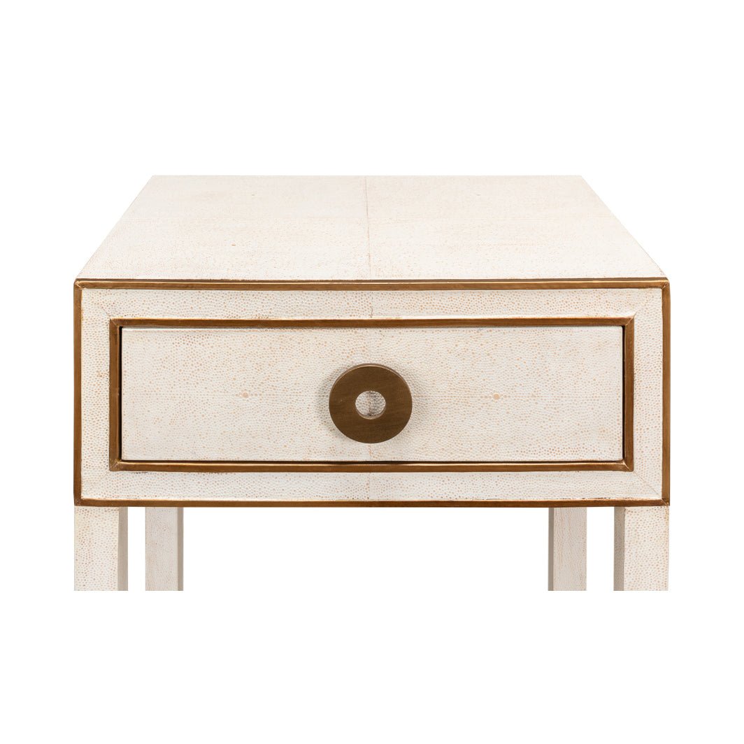 Close-up front of Art Deco nightstand drawer.