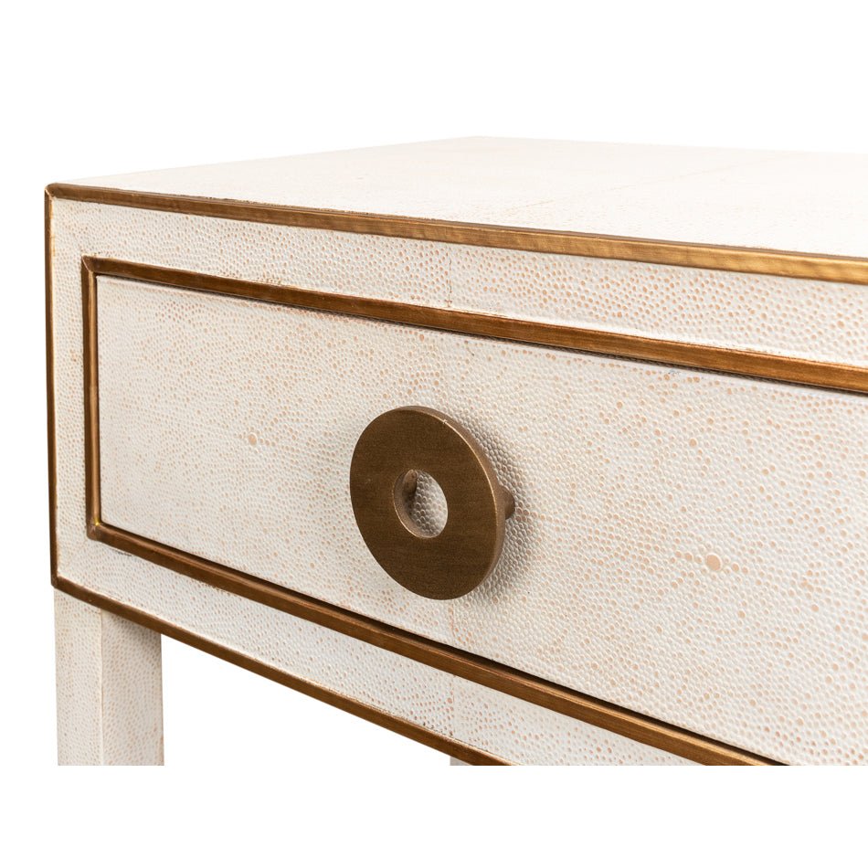 Close-up drawer detail on Art Deco nightstand.