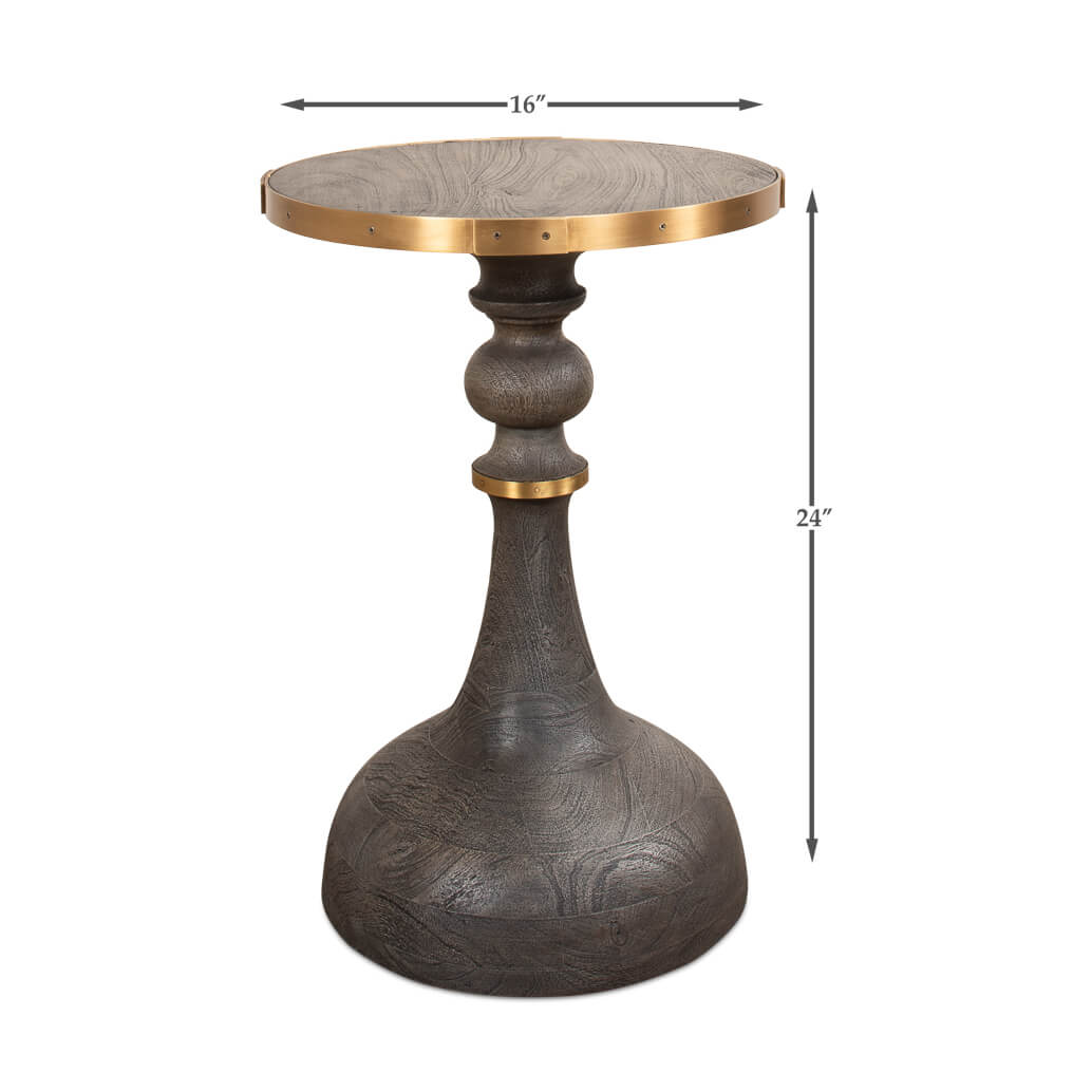 Dimensions of the Artisan accent table with scale reference.