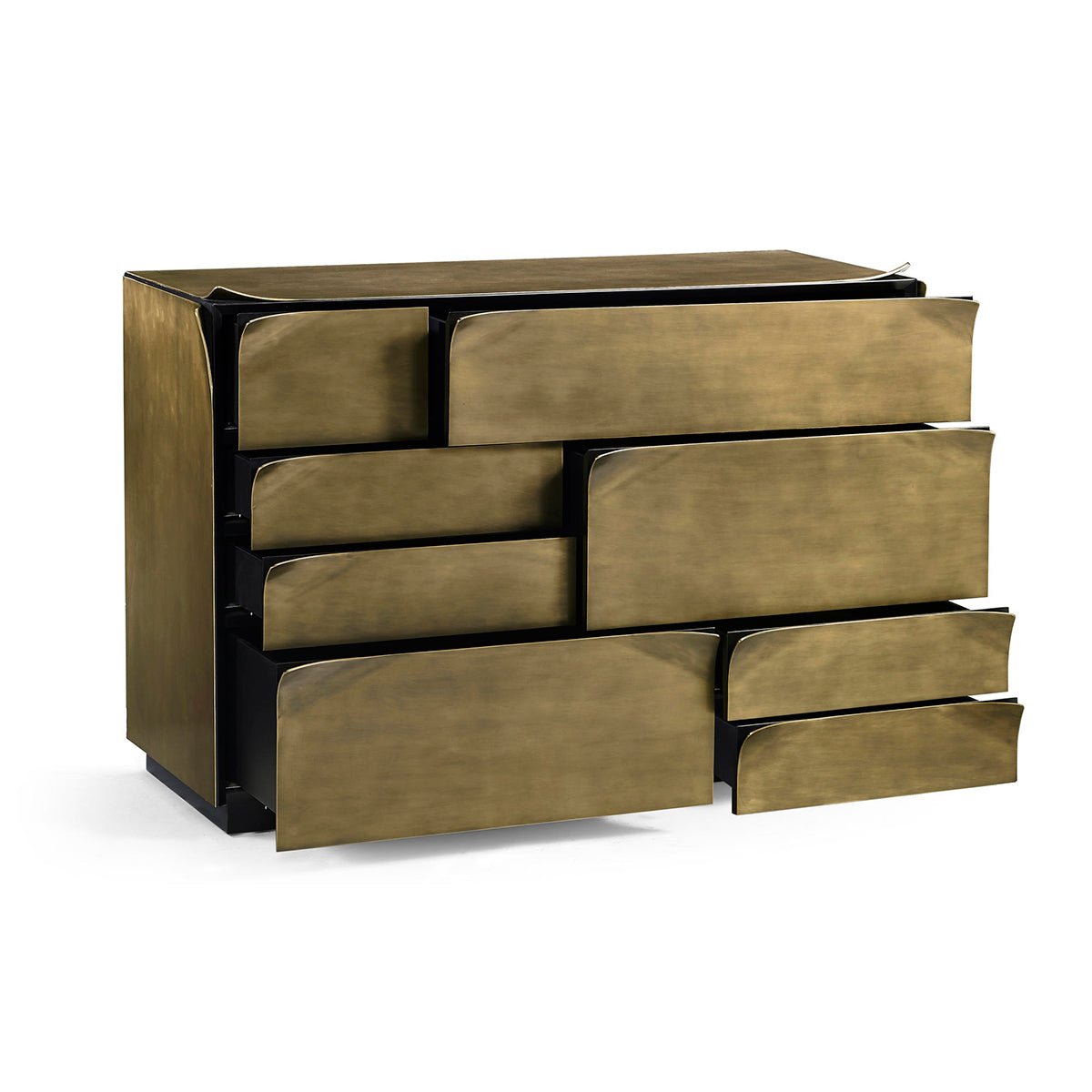 Angled view of brass dresser, drawers partly open.