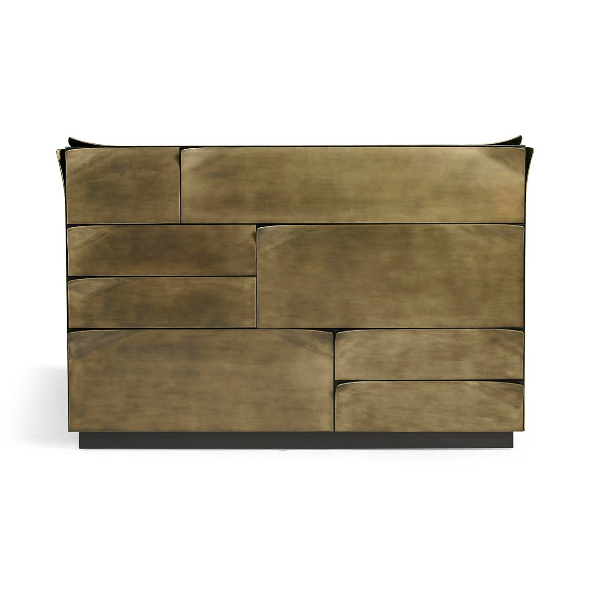 Front view of brass dresser, closed drawers.