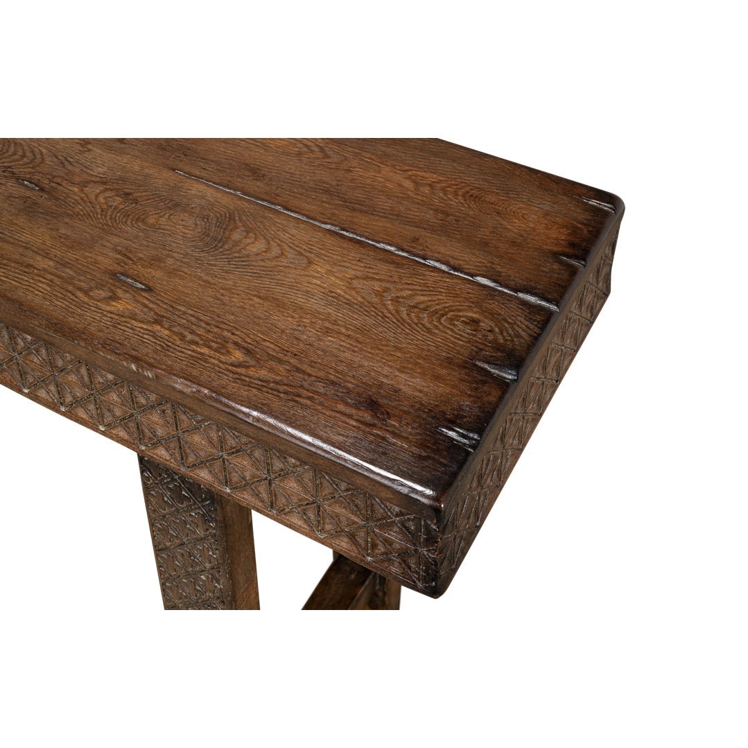 Close-up of console table top wood grain.