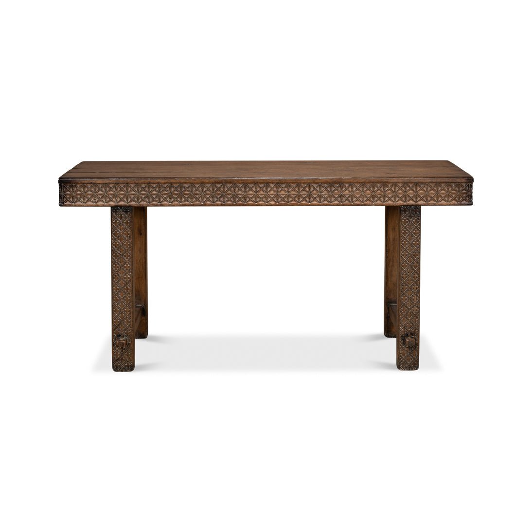 Front view of carved wooden console table.