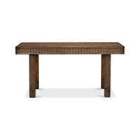 Front view of carved wooden console table.