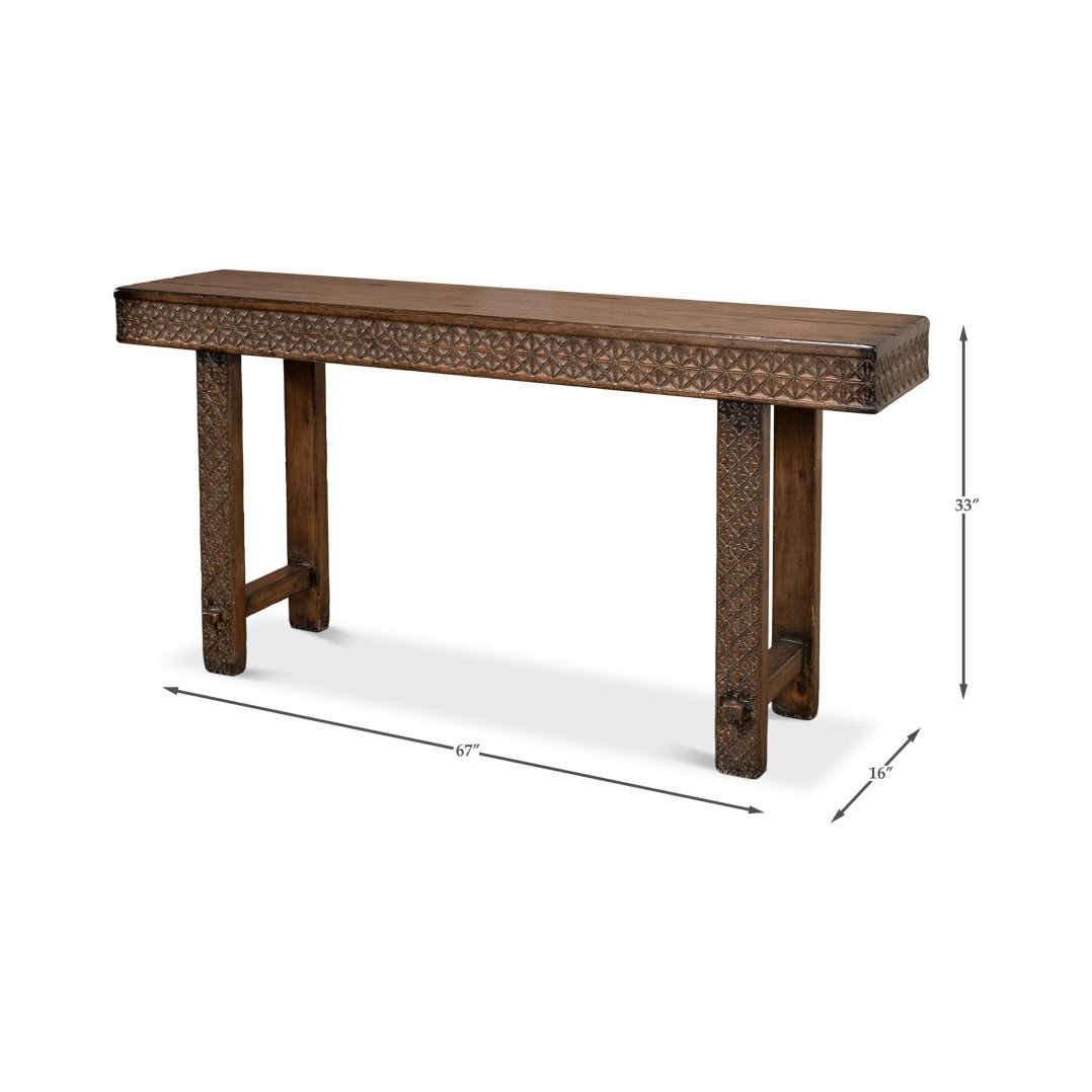 Dimensions labeled on wooden console table image.