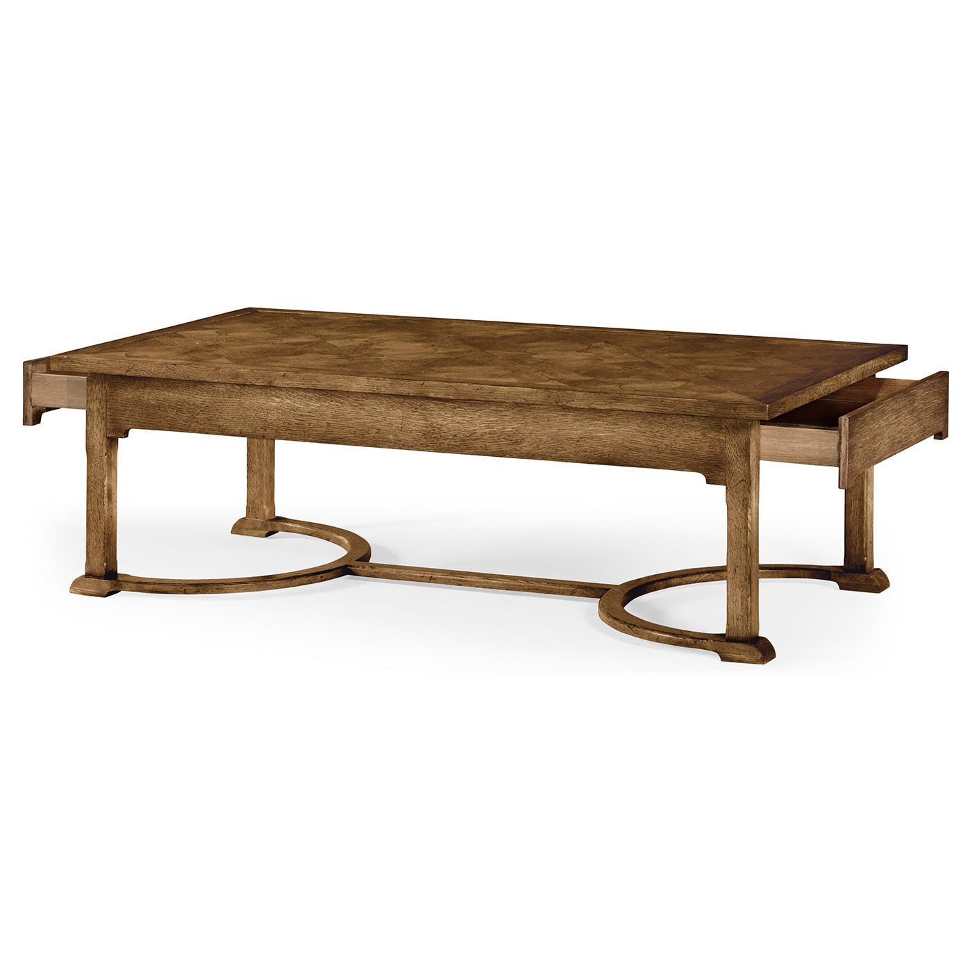 Oak coffee table with extended drawers, angled view.