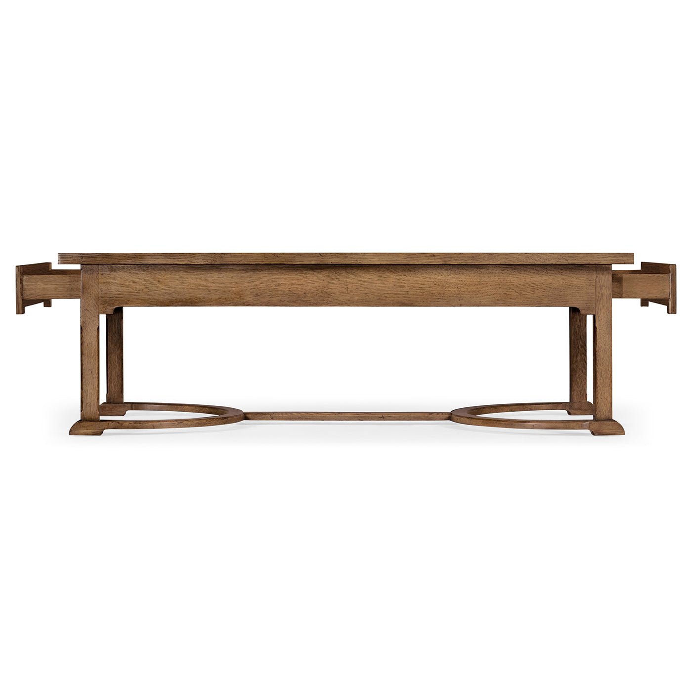 Side view of coffee table with drawers pulled out.