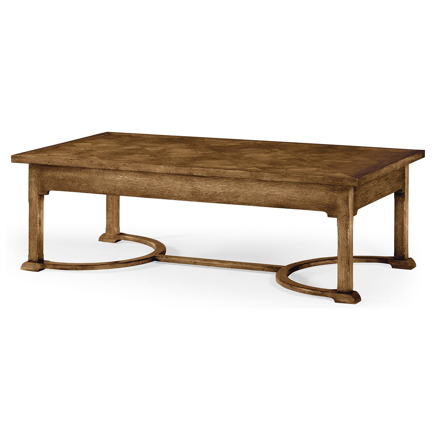Rectangular oak coffee table with arched legs, front view.