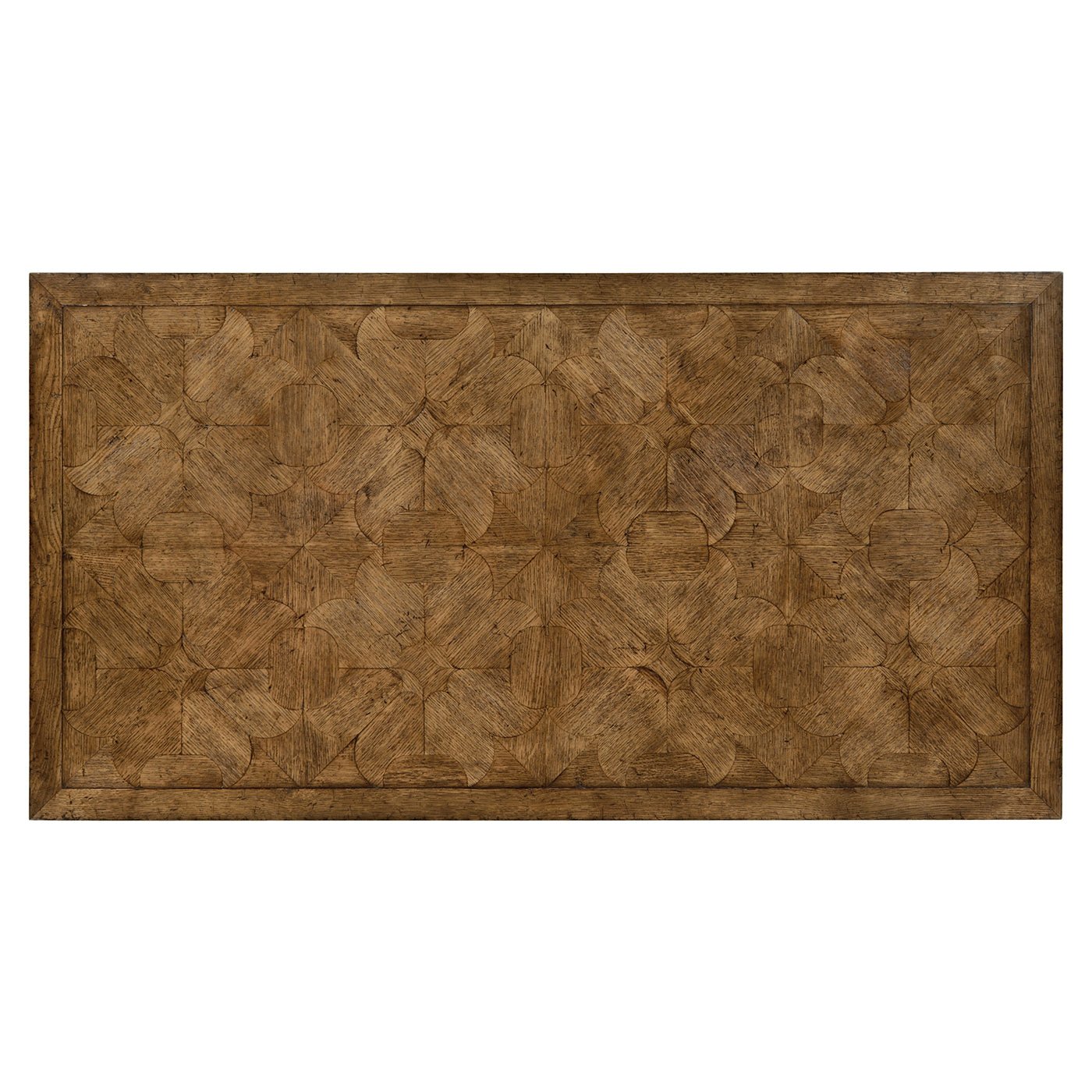 Top view of oak coffee table with intricate wood pattern.