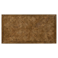 Top view of oak coffee table with intricate wood pattern.