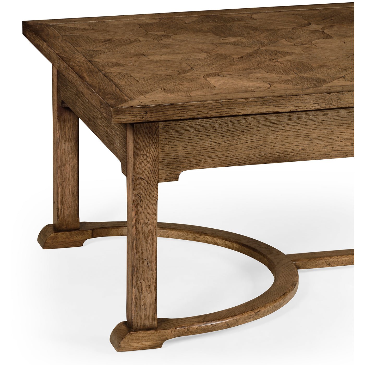 Close-up of oak coffee table corner and leg design.