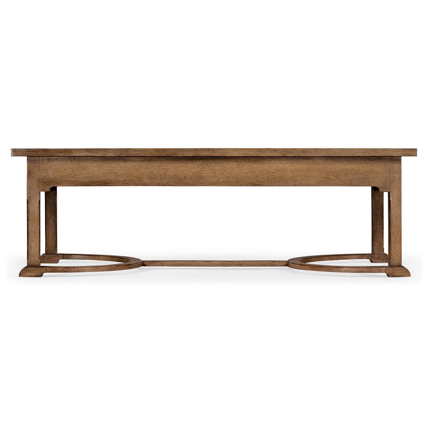 Side view of oak coffee table, showcasing design.