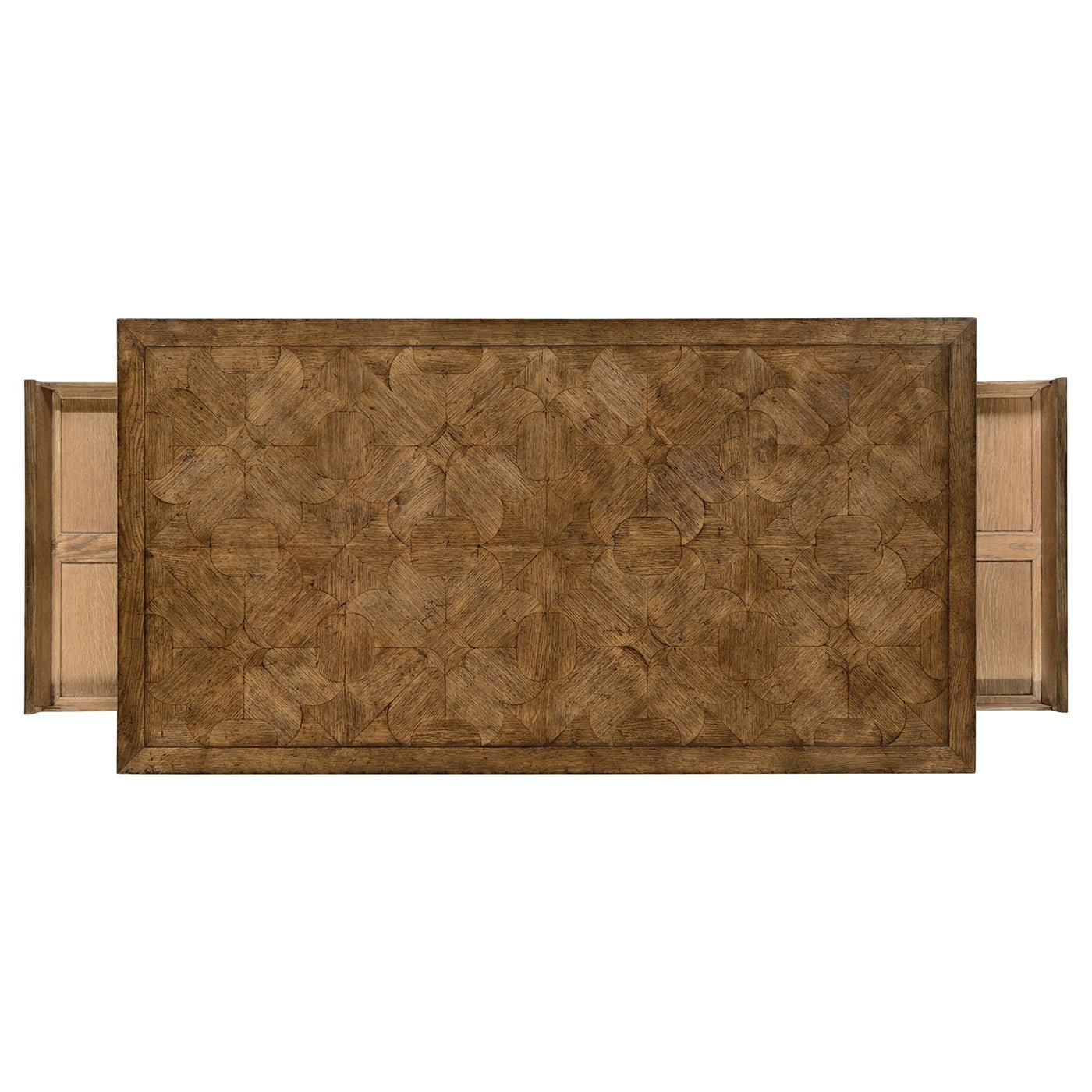 Top view of oak coffee table with open side drawers.