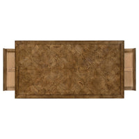 Top view of oak coffee table with open side drawers.