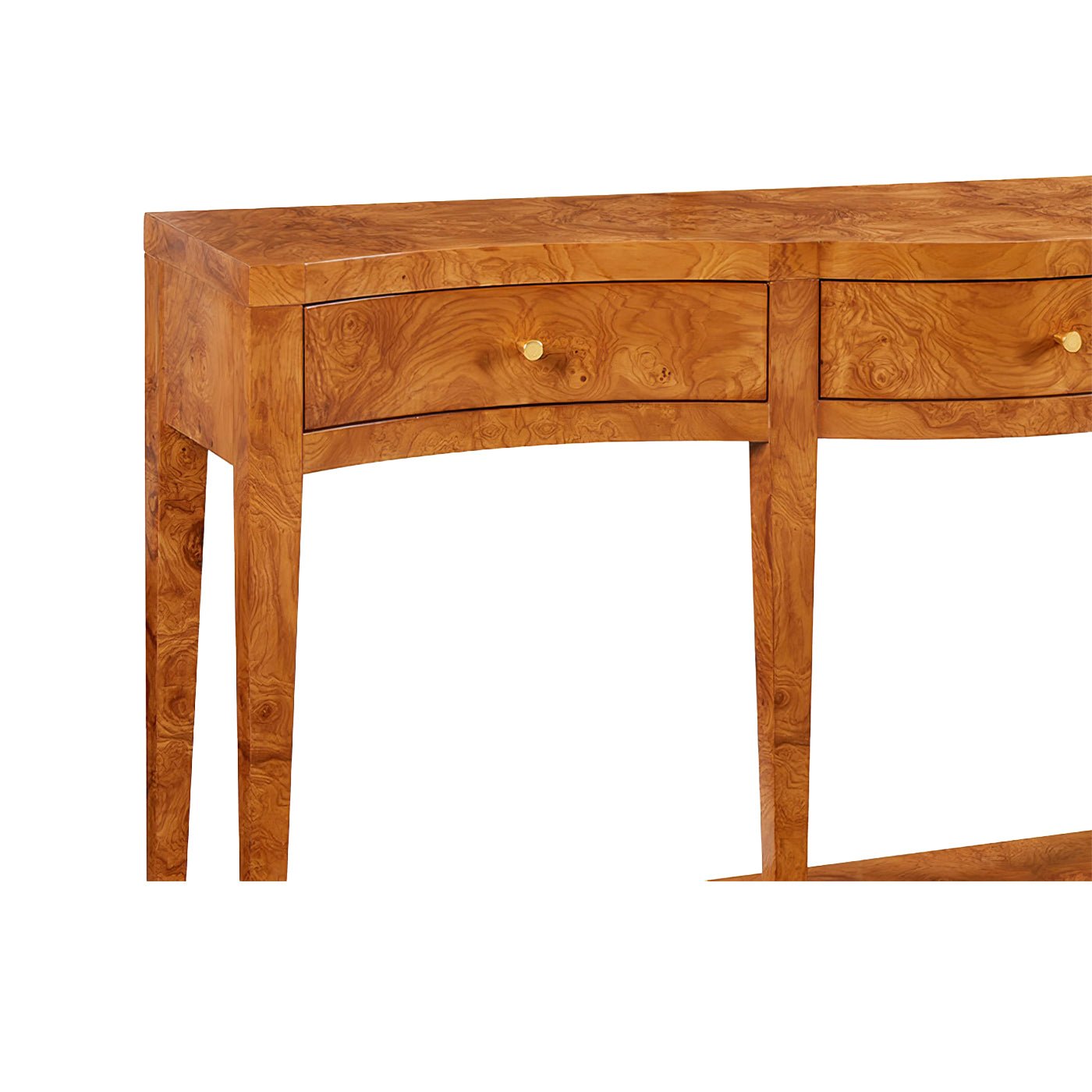 Detail of ash burl console table drawer and legs.