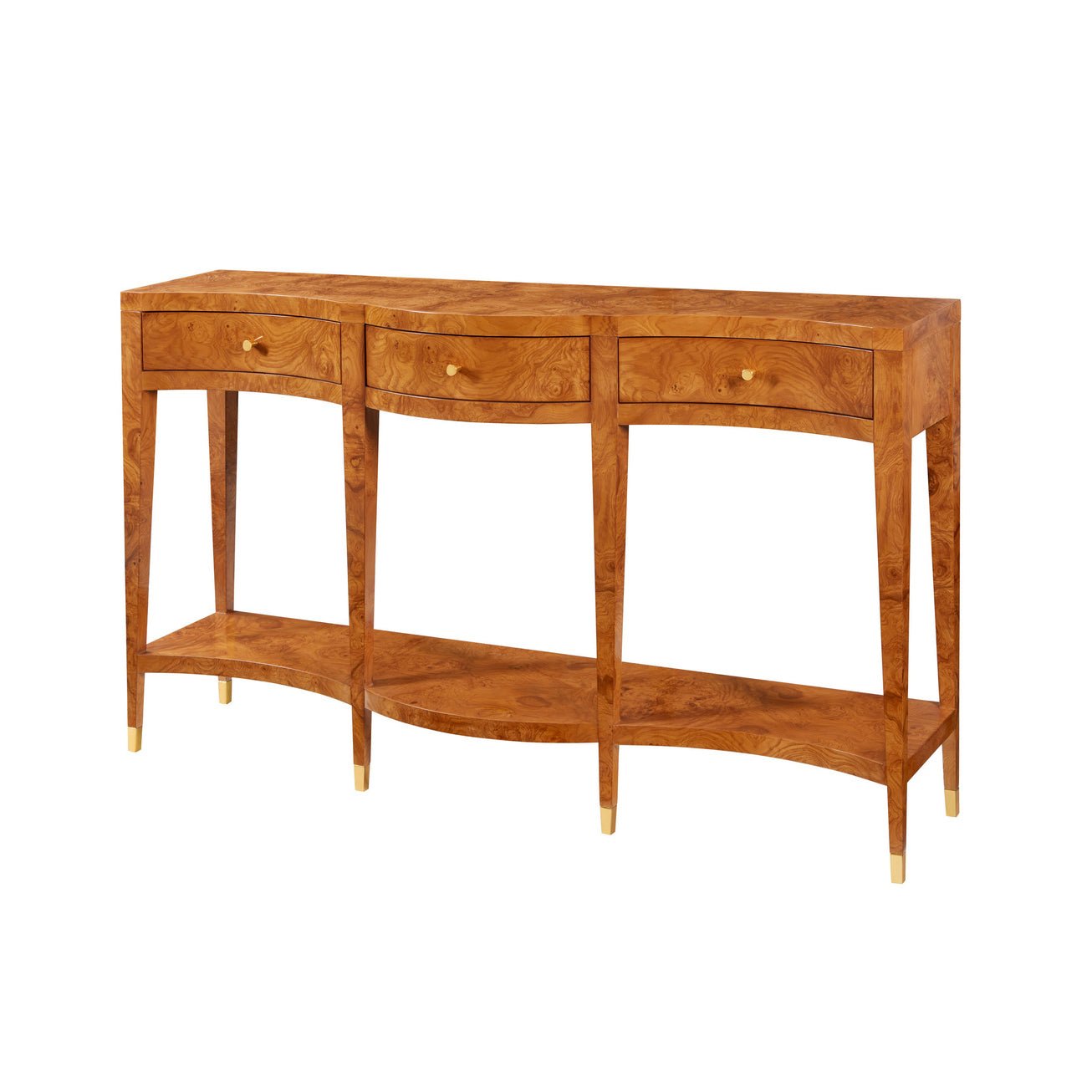 Ash burl curved console table, front view with drawers.