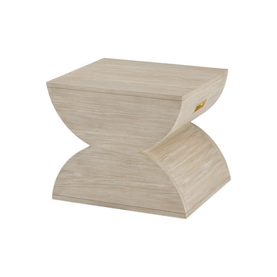 Geometric accent table with curved design, light wood.