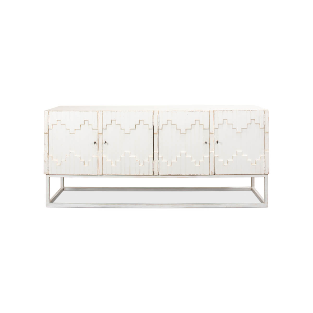 Front view of Aztec whitewash sideboard, geometric details.