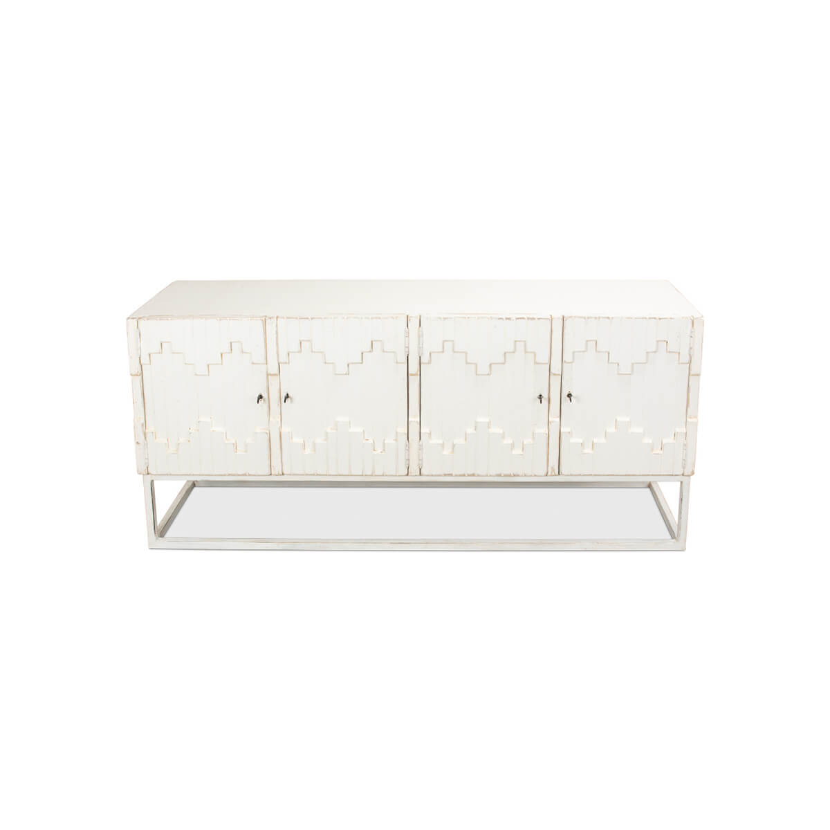 Aztec sideboard, straight front view, geometric patterns.