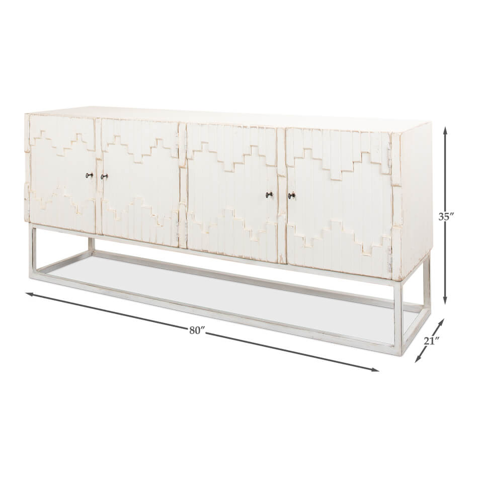 Dimensions of Aztec whitewash sideboard, angled view.