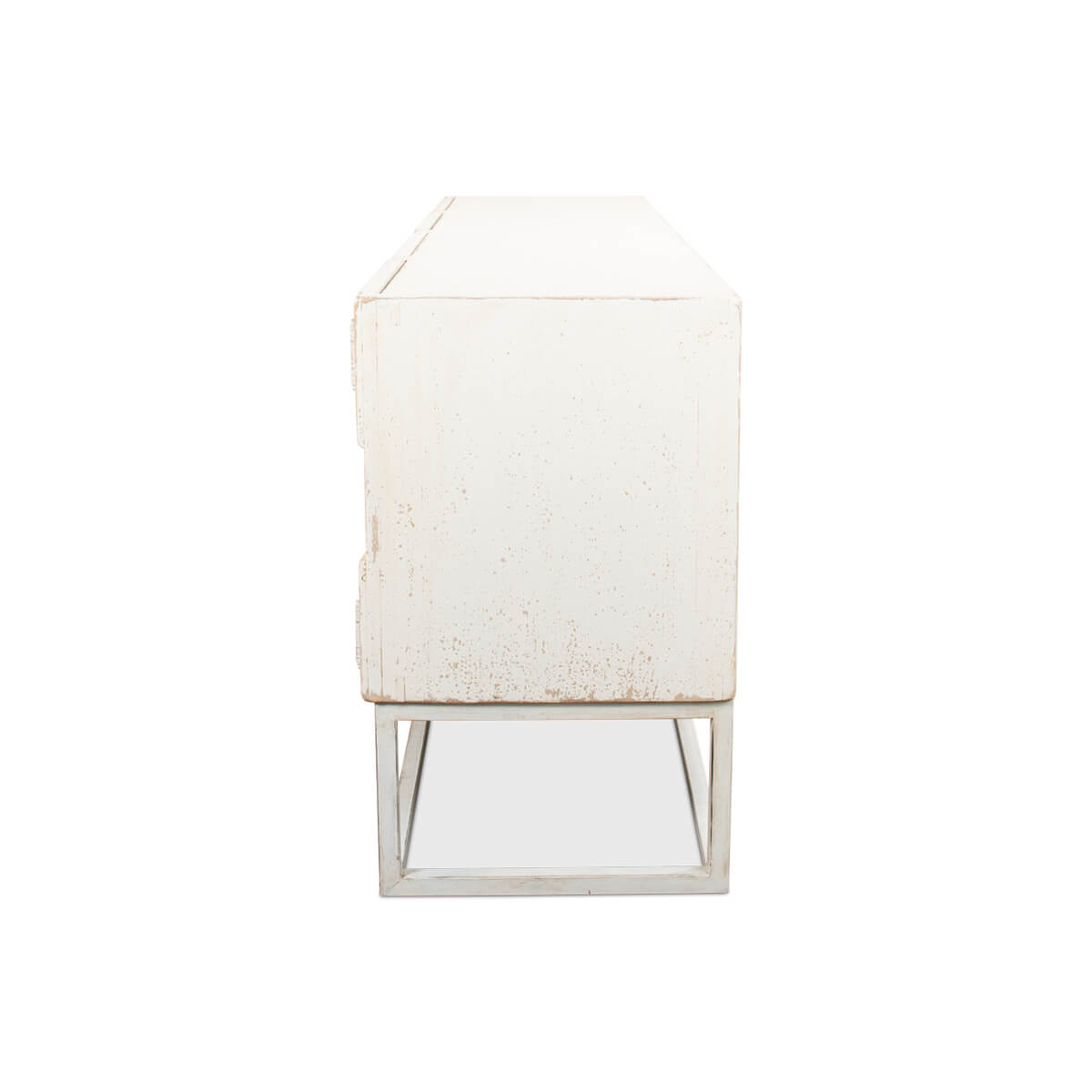 Side view of Aztec sideboard, minimalist metal base.
