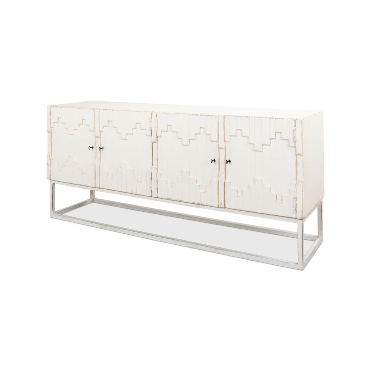 Aztec whitewash sideboard, angled view, four doors visible.