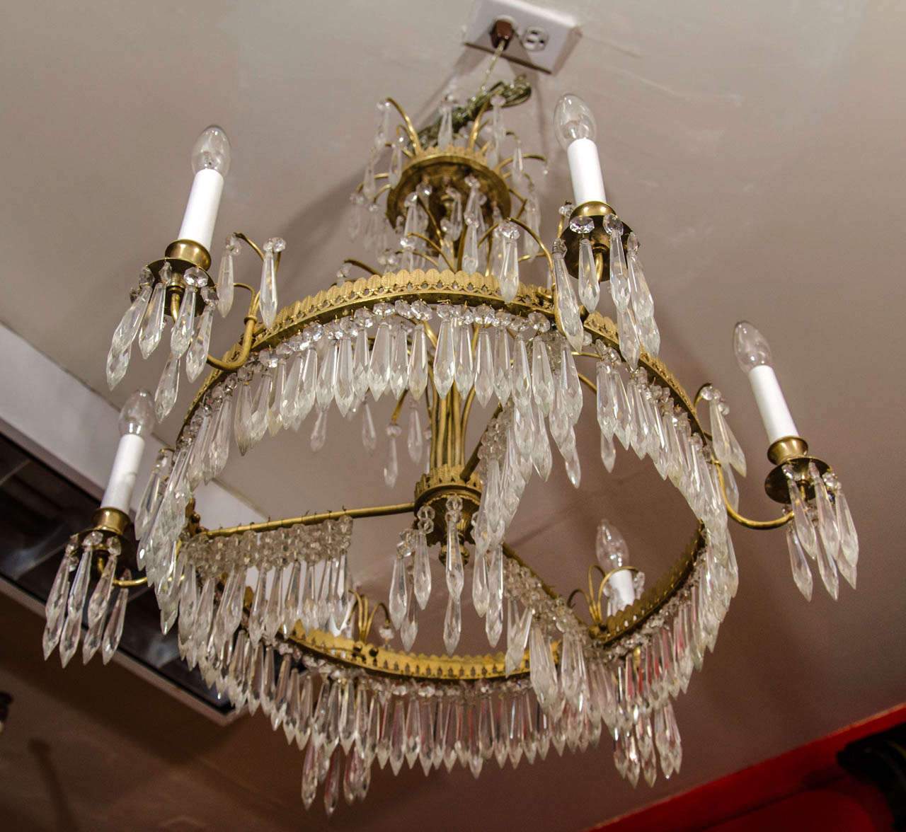 Angled view of Baltic Six Light Chandelier installation.