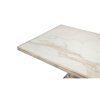 Detailed corner view of dining table surface.