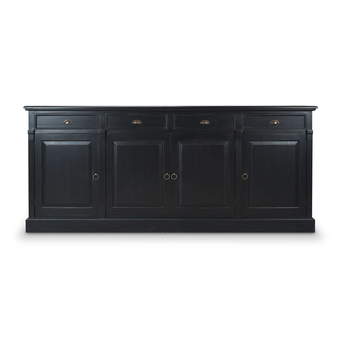 Front view of rustic black sideboard showing doors.
