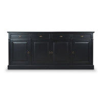 Front view of rustic black sideboard showing doors.