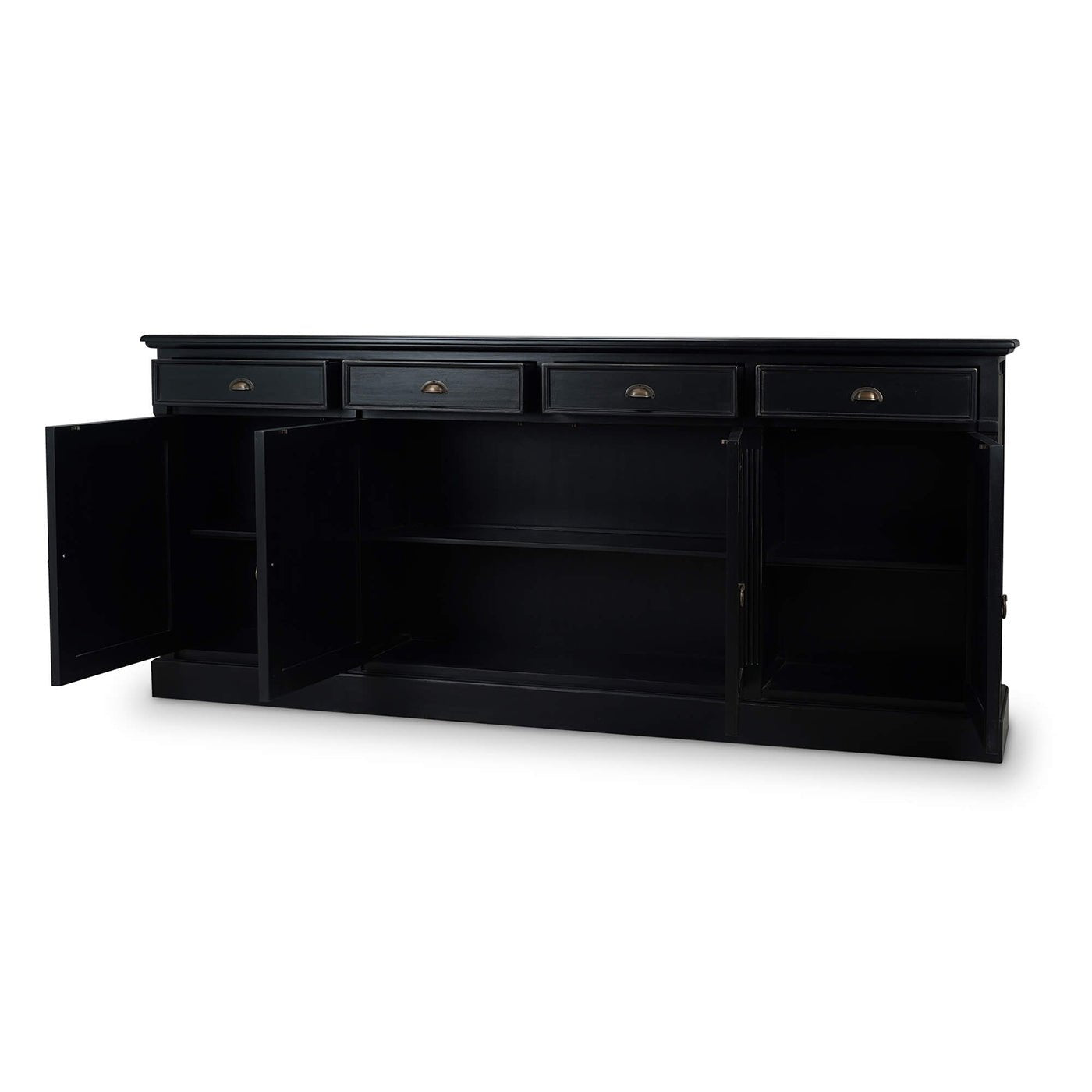 Sideboard with open doors revealing interior storage.
