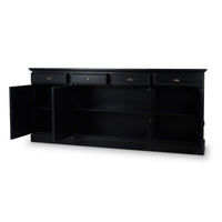 Sideboard with open doors revealing interior storage.