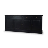 Black sideboard with four doors and three drawers.