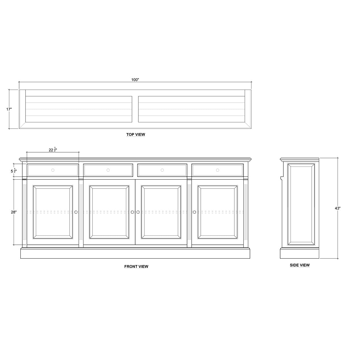 Diagram of sideboard with measurements and design details.