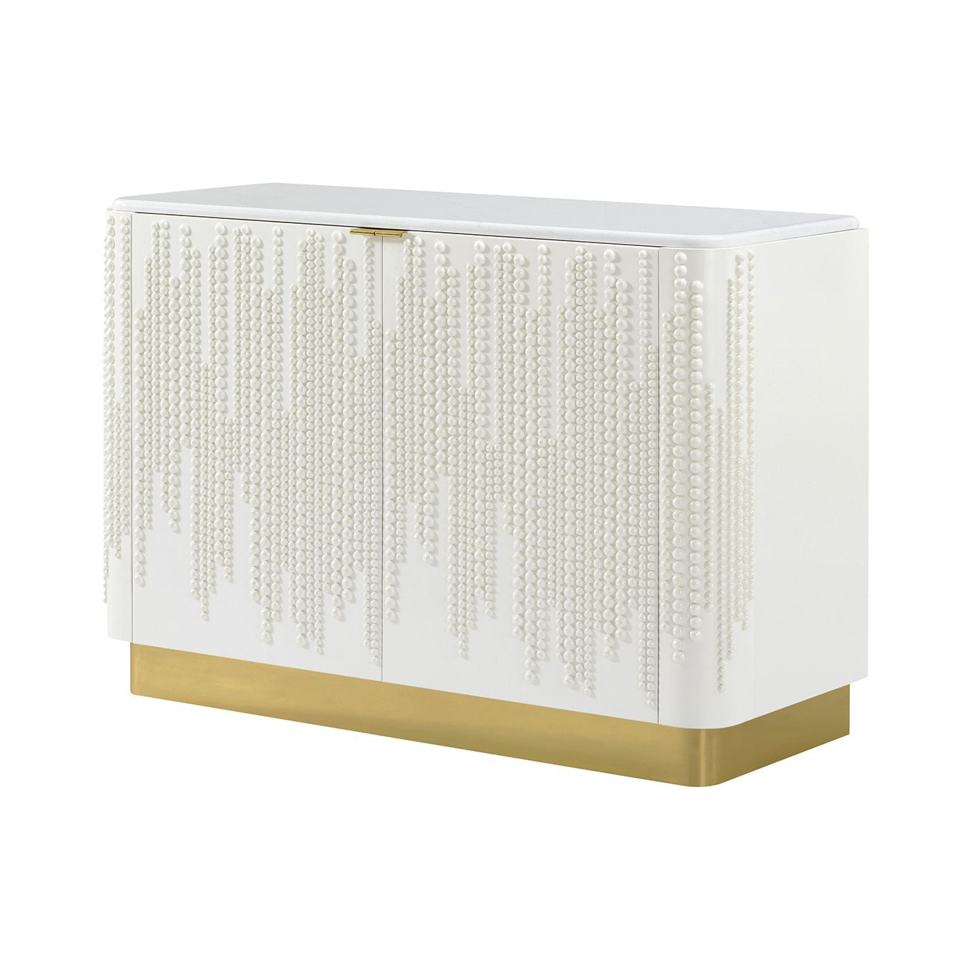 White beaded two-door cabinet with gold base, angled view.