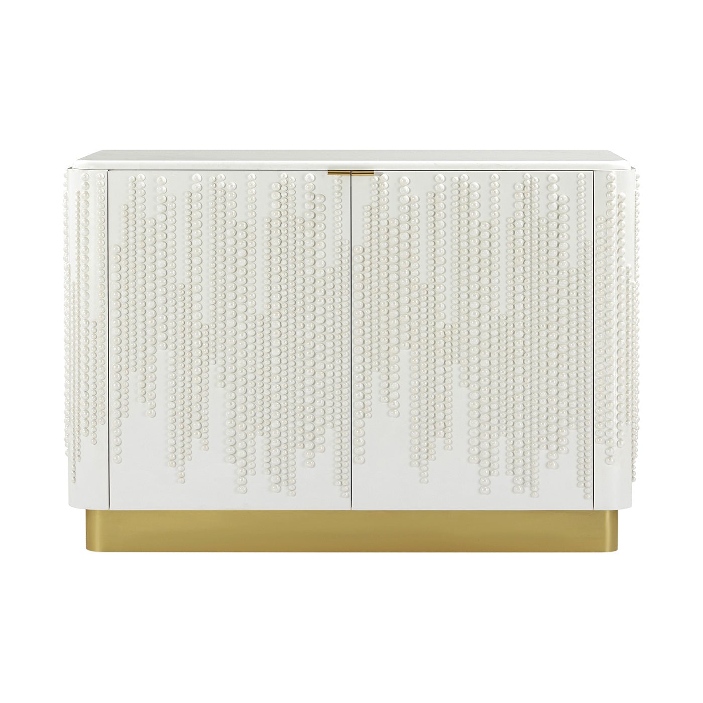 Front view of white beaded two-door cabinet with gold base.