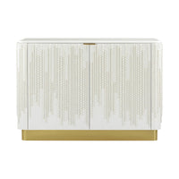 Front view of white beaded two-door cabinet with gold base.