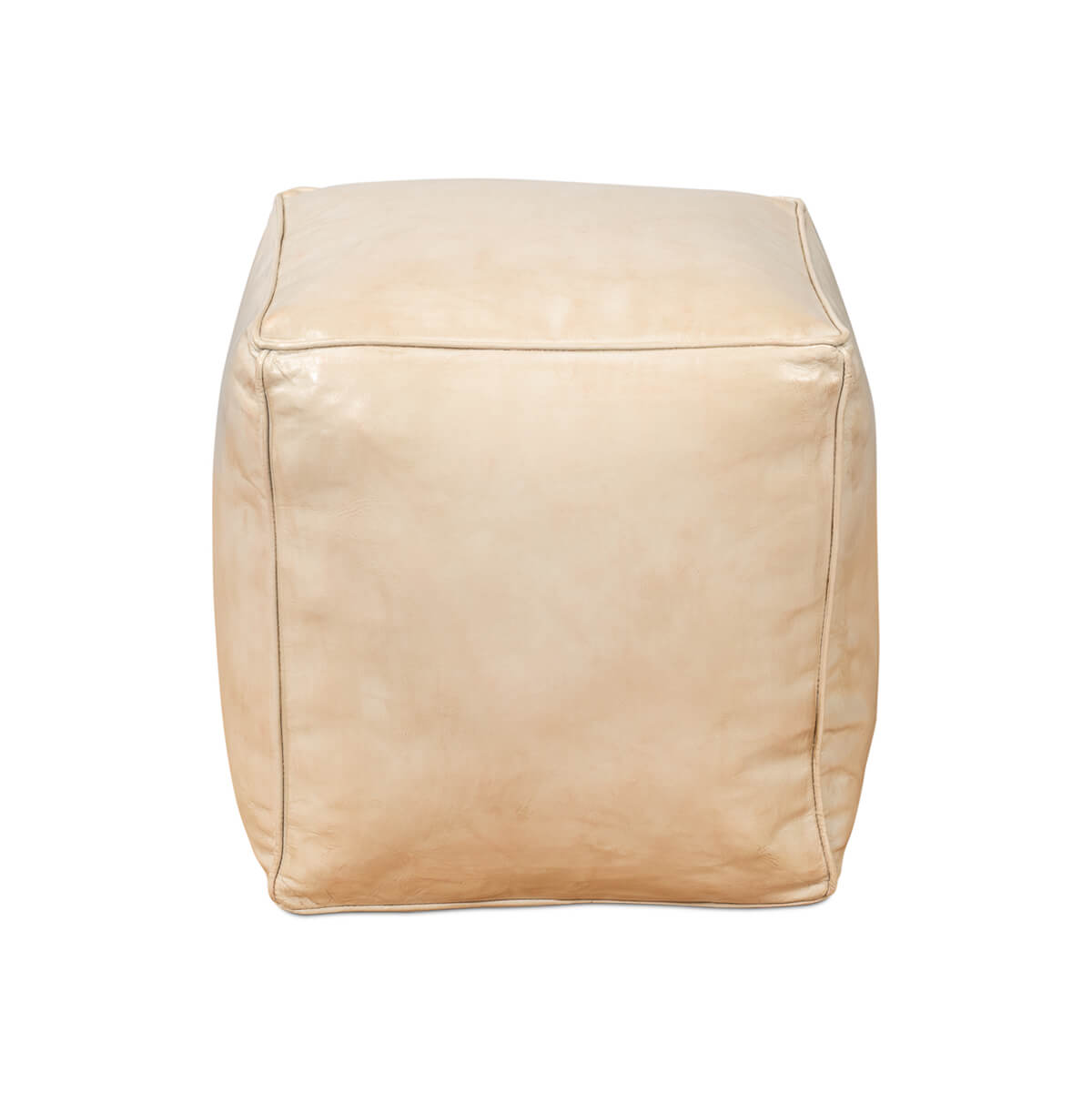 Beige leather cube stool, straight-on front view.