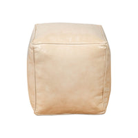 Beige leather cube stool, straight-on front view.