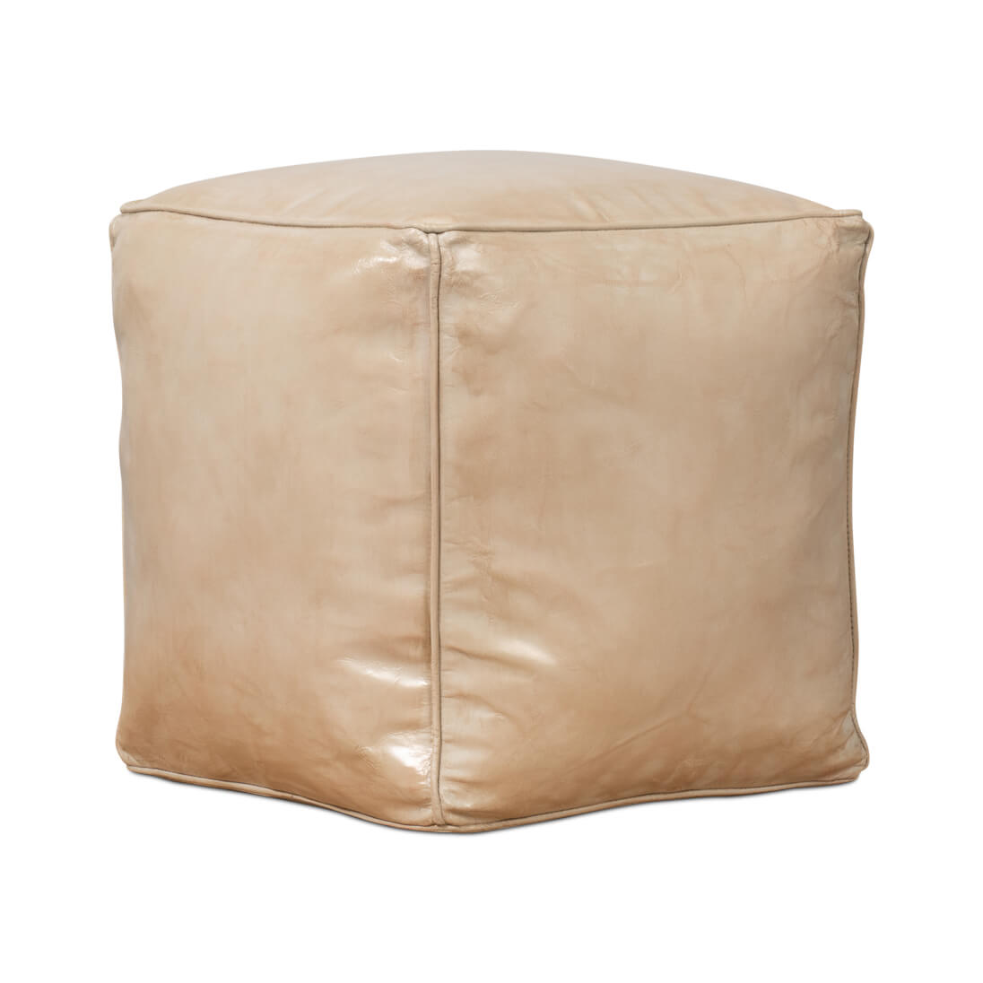 Beige leather cube stool, back view angle.