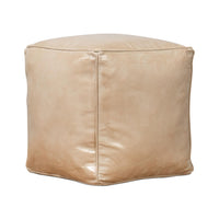 Beige leather cube stool, back view angle.