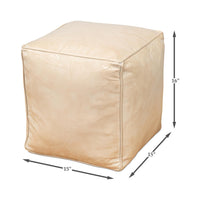 Beige leather cube stool, dimensions shown with arrows.